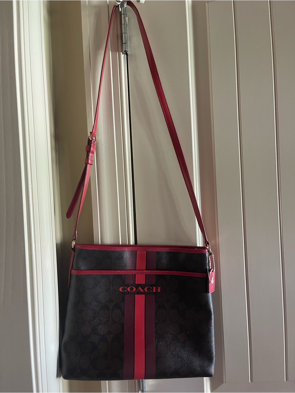 Coach Black Signature Crossbody with Red Stripe